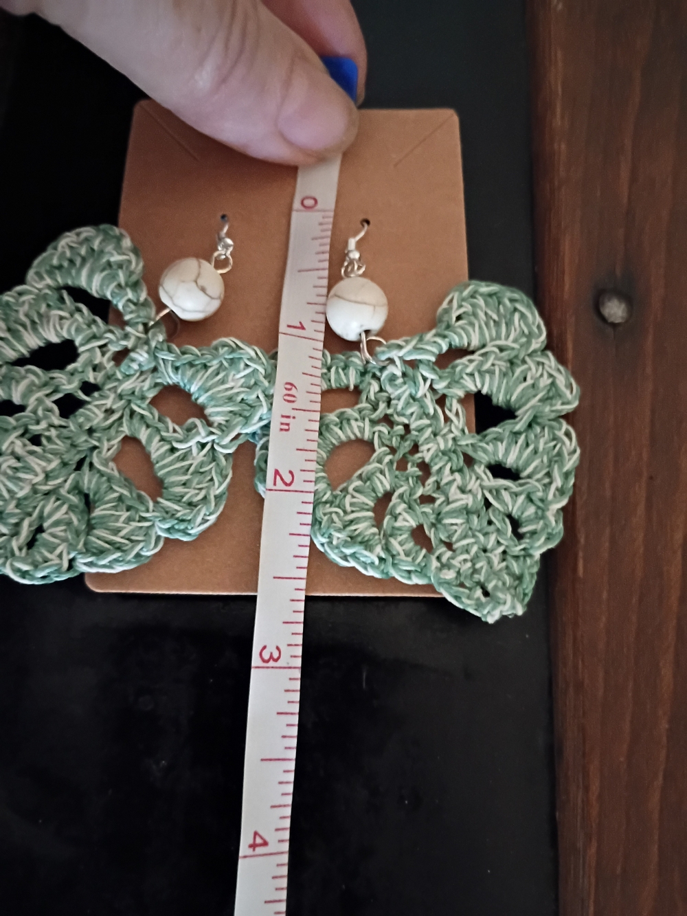 Handmade Sage Green Crochet Monstera Leaf Earrings with White Bead